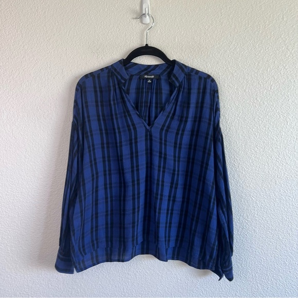 Madewell Highroad Popover Shirt in Chelton Plaid Black Blue - Picture 2 of 10